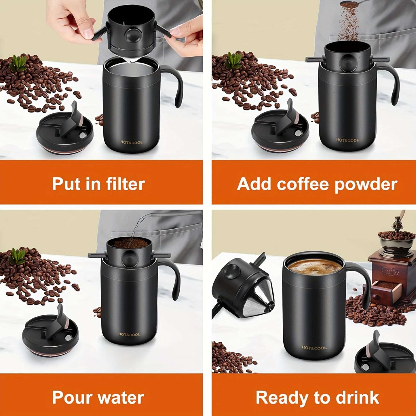 Premium Stainless Steel Pour-Over Coffee Maker Set - Portable Travel-Ready Drip Coffee Cup with Detachable Ear Hook Filter for Camping, Hiking, Office & Home Brewing - Compact Lightweight Coffee Dripper Kit