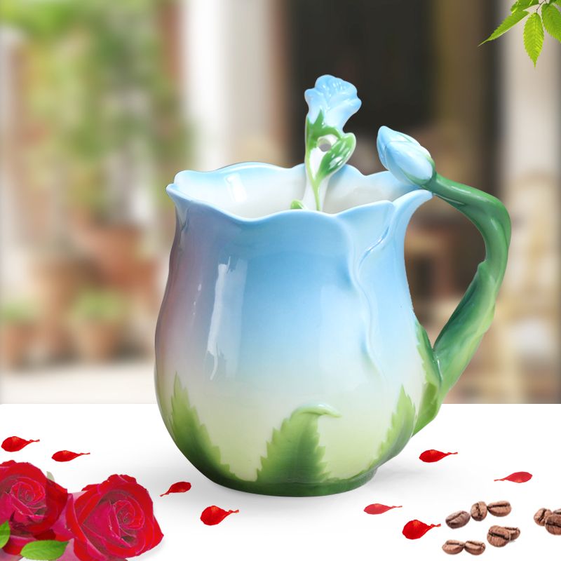 320ml Pink Ceramic Coffee Cup European Bone China Three-dimensional Flower Mug Home Afternoon Camellia Flower Tea Cup Milk Mug