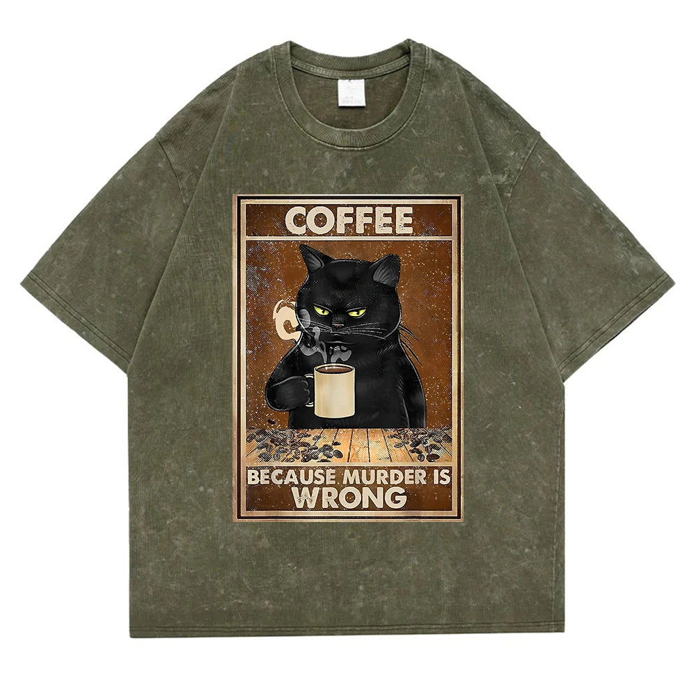Coffee Because Murder Is Wrong Washed Retro Snow Men Tee T Shirt Cotton T-Shirt Casual Breathable Clothes Oversize Short Sleeve