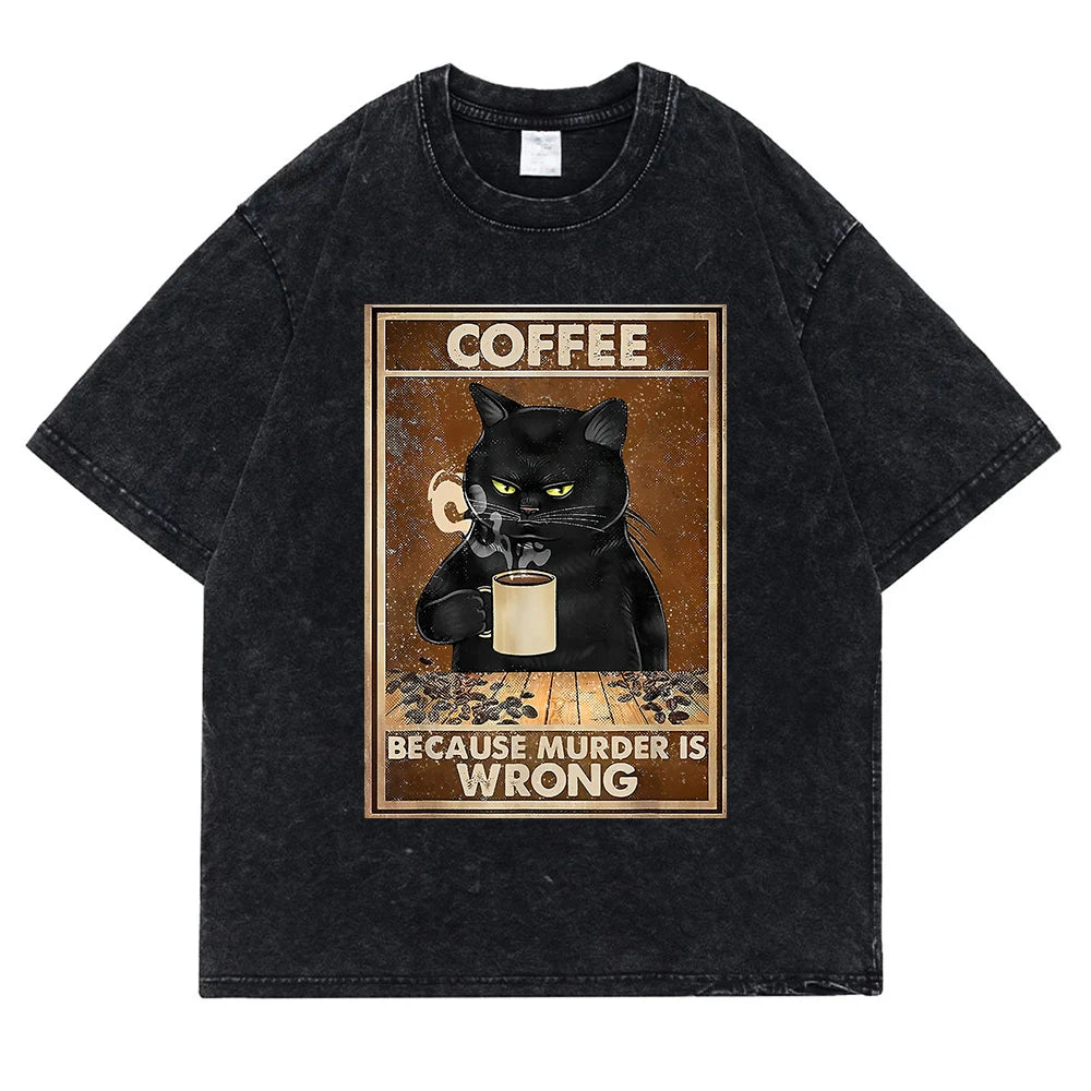 Coffee Because Murder Is Wrong Washed Retro Snow Men Tee T Shirt Cotton T-Shirt Casual Breathable Clothes Oversize Short Sleeve