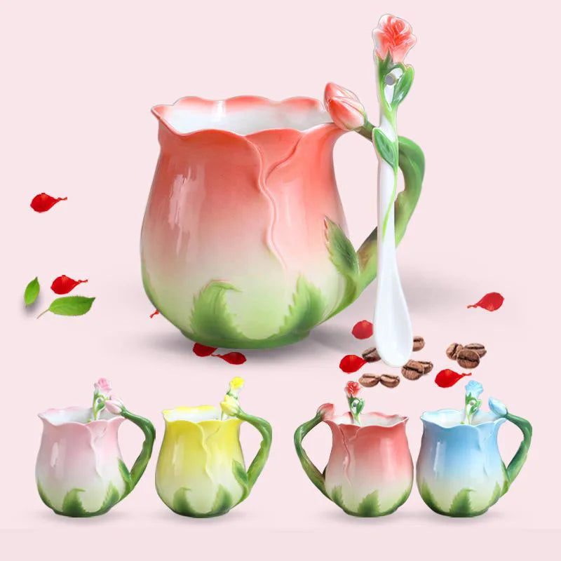 320ml Pink Ceramic Coffee Cup European Bone China Three-dimensional Flower Mug Home Afternoon Camellia Flower Tea Cup Milk Mug