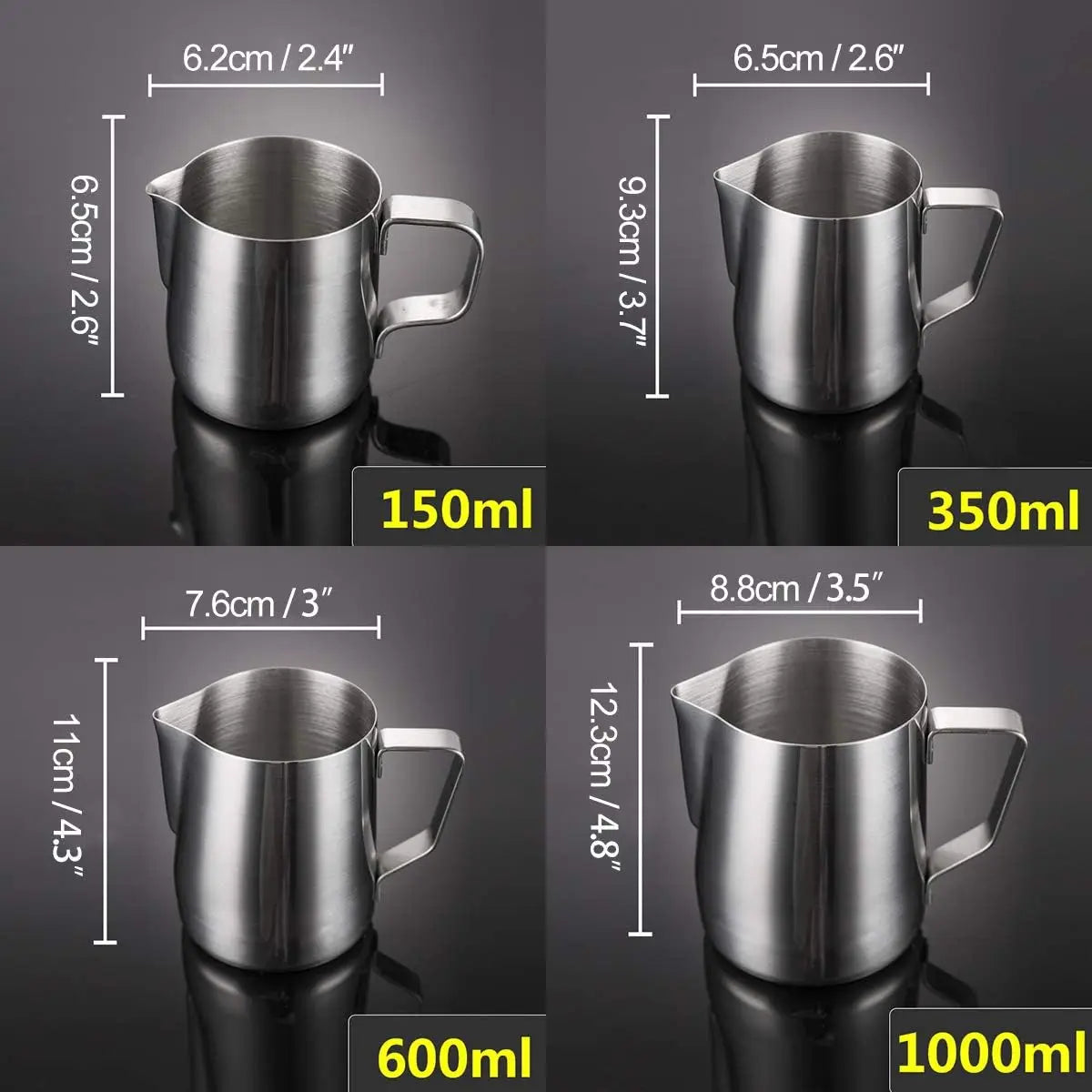 100/350/600/1000ml Milk Jugs Fashion Stainless Steel Milk Craft Milk Frothing Pitcher Coffee Latte Frothing Art Jug Mug Cup