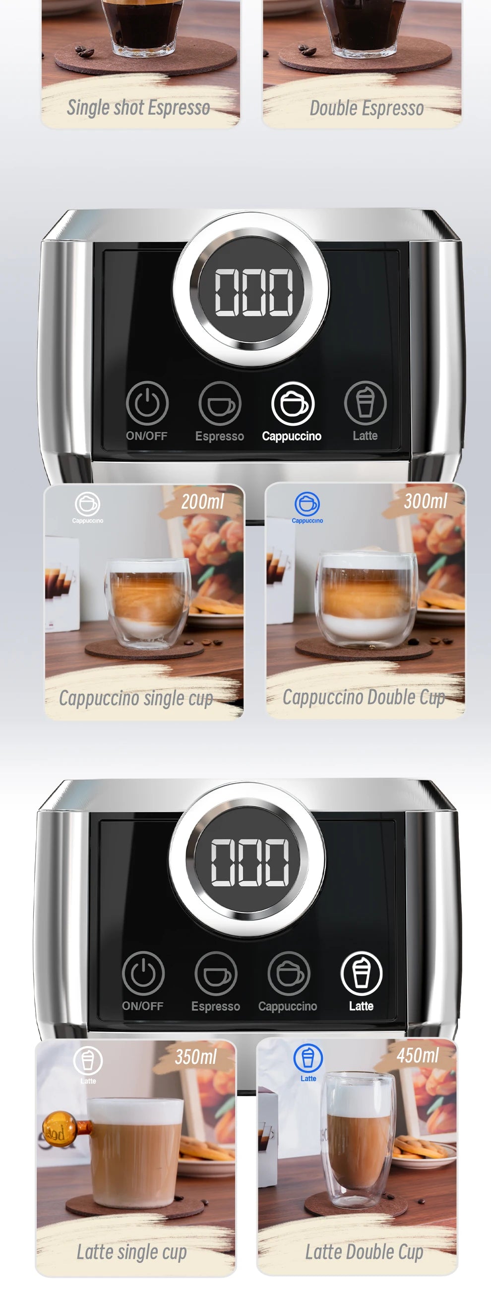 HiBREW 3 in 1 Semi Automatic Espresso Cappuccino Latte Coffee Machine Automatic Milk Froth Ground Coffee Stainless Steels H13A