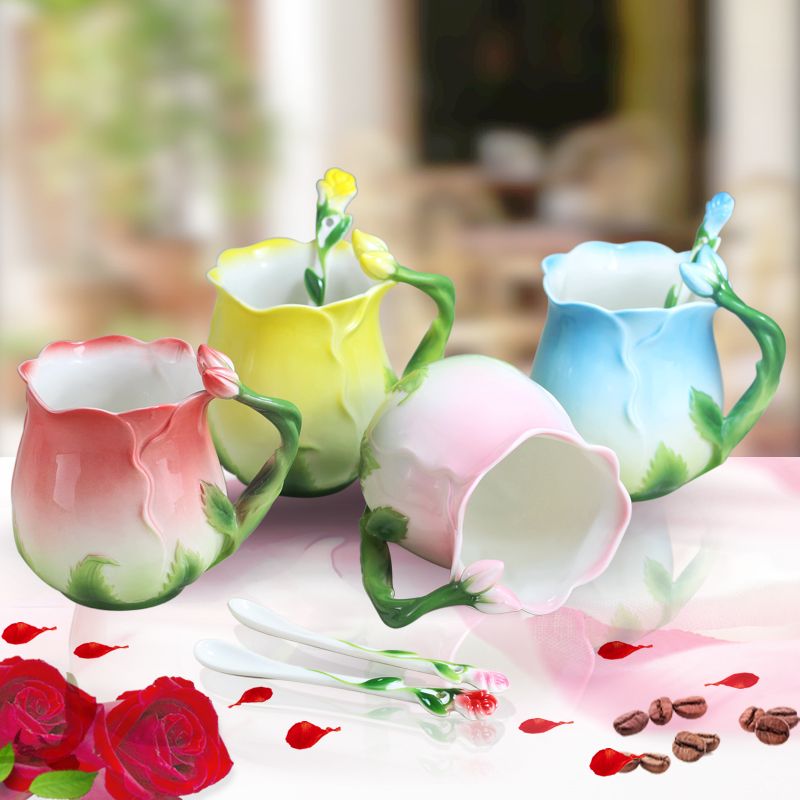 320ml Pink Ceramic Coffee Cup European Bone China Three-dimensional Flower Mug Home Afternoon Camellia Flower Tea Cup Milk Mug