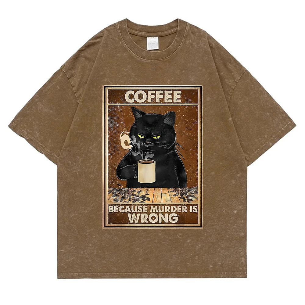 Coffee Because Murder Is Wrong Washed Retro Snow Men Tee T Shirt Cotton T-Shirt Casual Breathable Clothes Oversize Short Sleeve