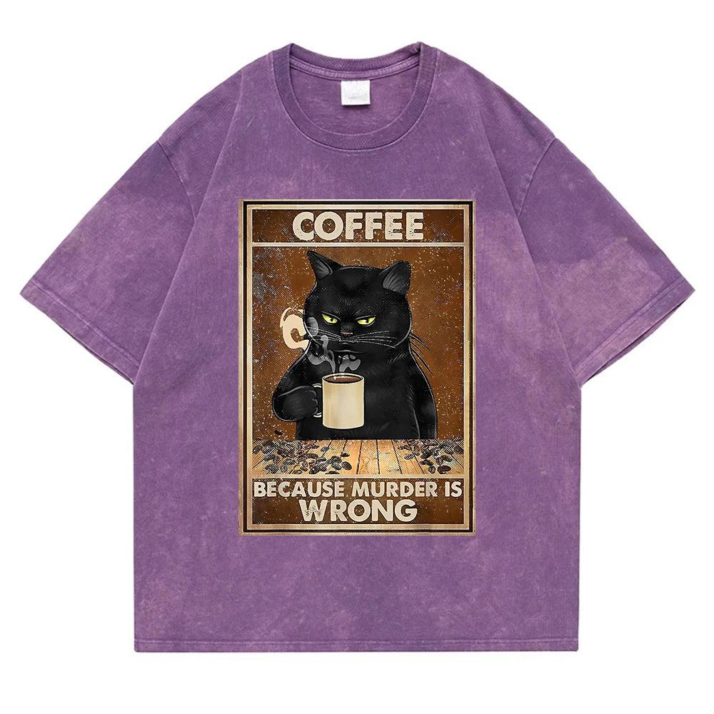 Coffee Because Murder Is Wrong Washed Retro Snow Men Tee T Shirt Cotton T-Shirt Casual Breathable Clothes Oversize Short Sleeve
