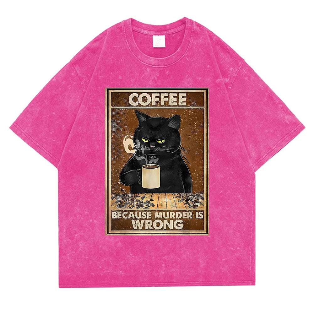 Coffee Because Murder Is Wrong Washed Retro Snow Men Tee T Shirt Cotton T-Shirt Casual Breathable Clothes Oversize Short Sleeve