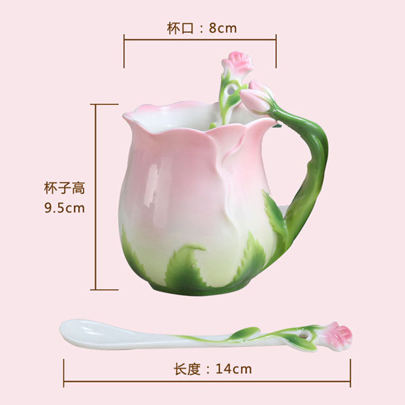 320ml Pink Ceramic Coffee Cup European Bone China Three-dimensional Flower Mug Home Afternoon Camellia Flower Tea Cup Milk Mug