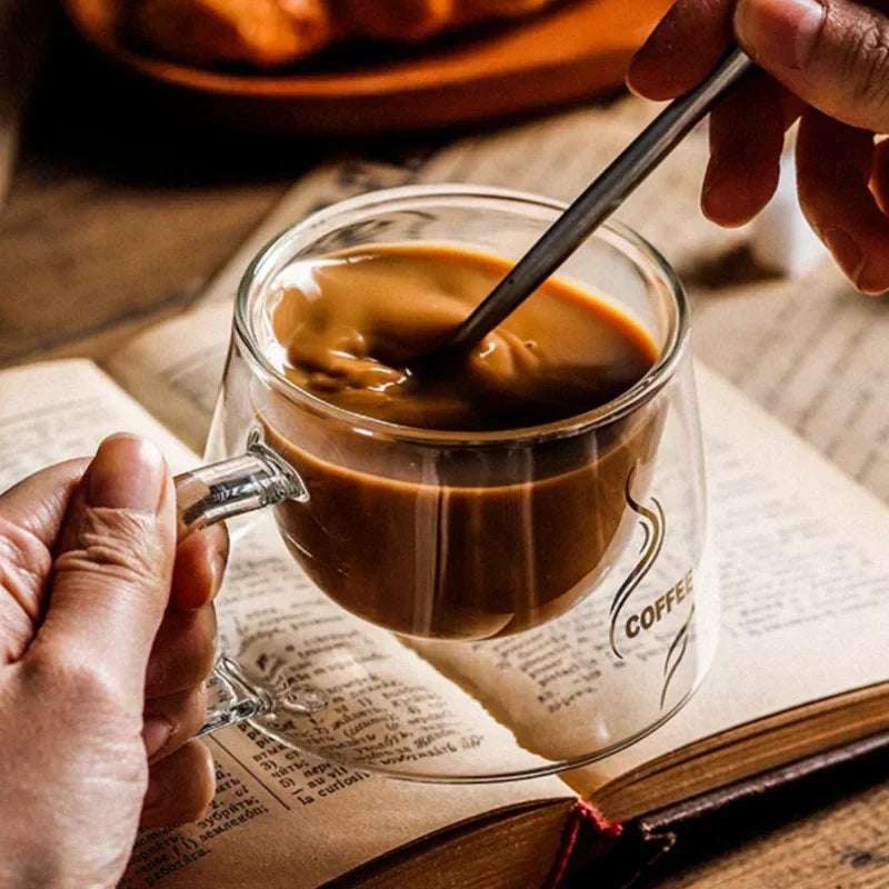 200ML Transparent Heat-resistant Espresso Cup Double Wall Glass Coffee Mug with Handle Cappuccino Latte Breakfast Tea Water Cups