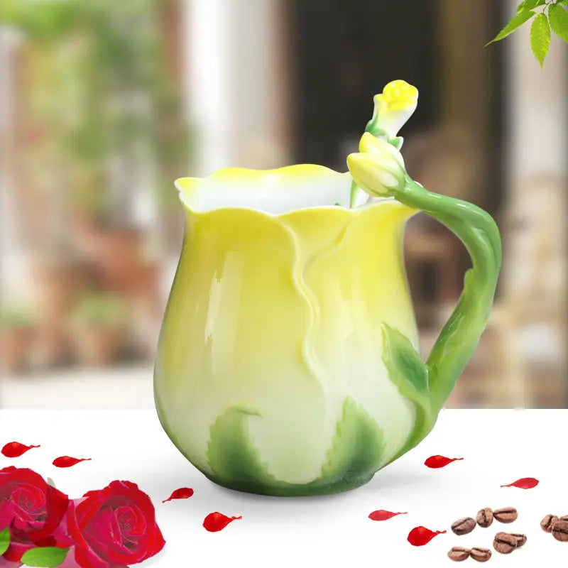 320ml Pink Ceramic Coffee Cup European Bone China Three-dimensional Flower Mug Home Afternoon Camellia Flower Tea Cup Milk Mug
