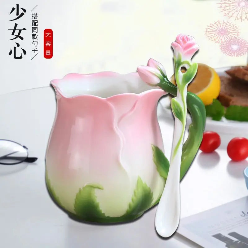 320ml Pink Ceramic Coffee Cup European Bone China Three-dimensional Flower Mug Home Afternoon Camellia Flower Tea Cup Milk Mug