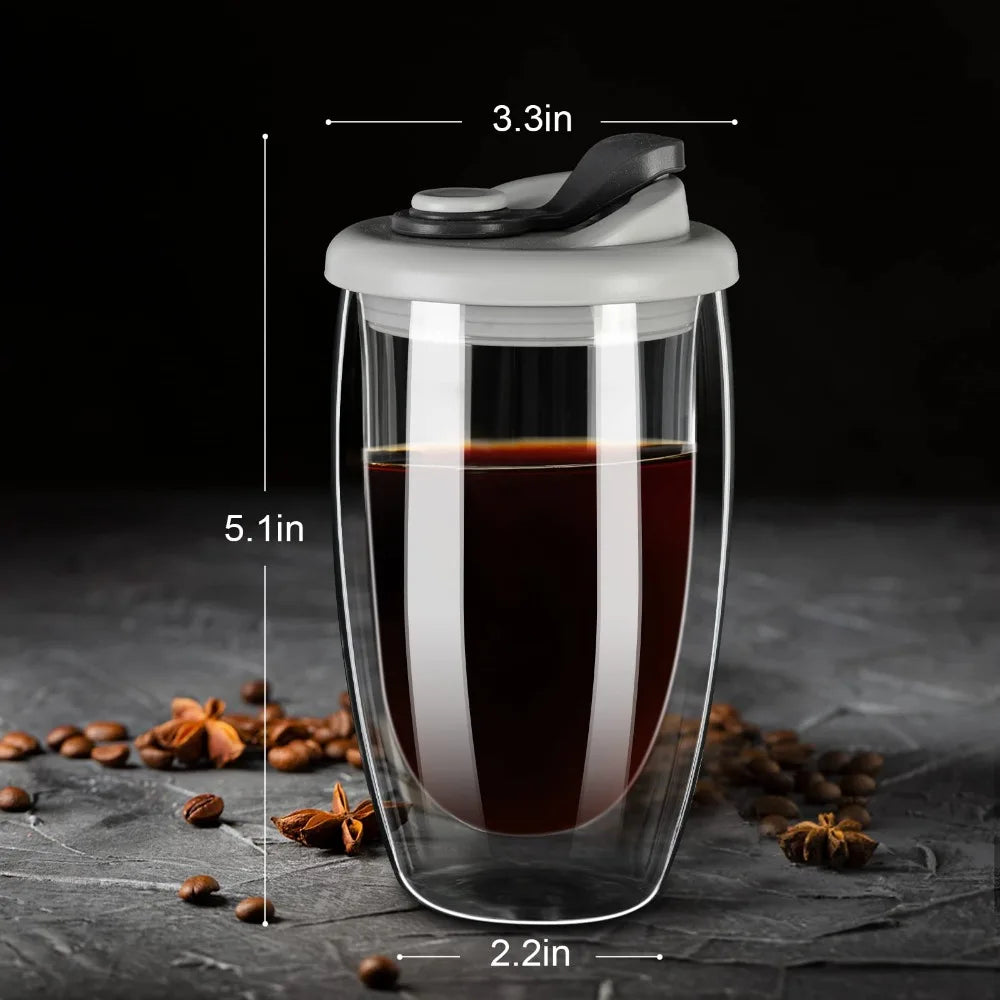 15OZ Double Wall Glasses Coffee Cups With Silicone Lid,Insulated Coffee Mug,High Borosilicate Glass Cup,Home Portable Drinkware
