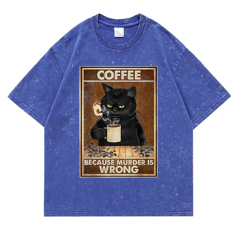 Coffee Because Murder Is Wrong Washed Retro Snow Men Tee T Shirt Cotton T-Shirt Casual Breathable Clothes Oversize Short Sleeve