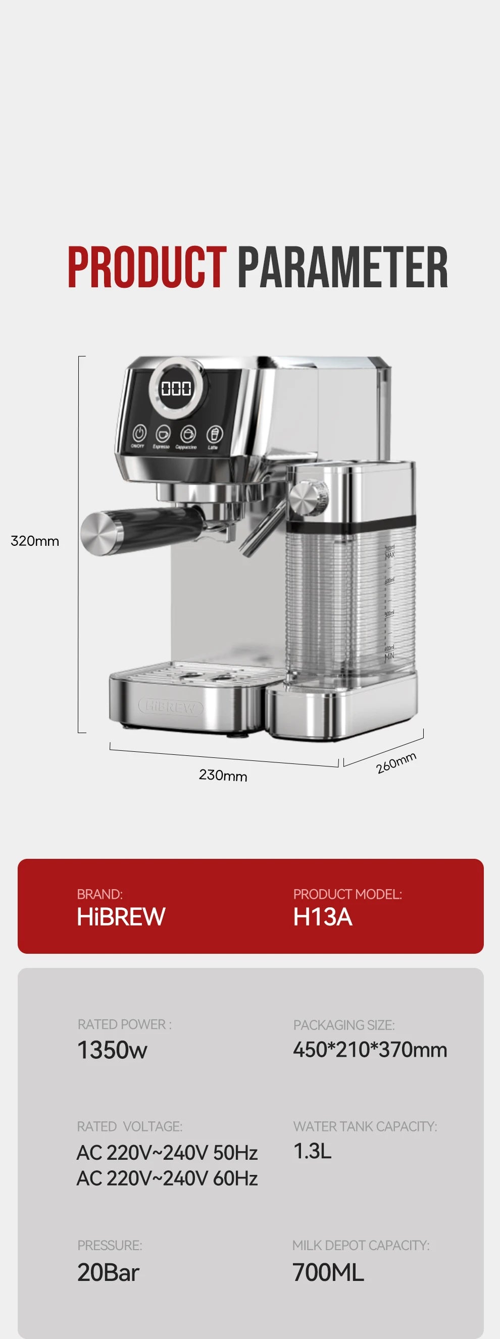 HiBREW 3 in 1 Semi Automatic Espresso Cappuccino Latte Coffee Machine Automatic Milk Froth Ground Coffee Stainless Steels H13A