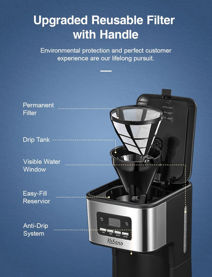 Yabano Filter Coffee Machine, Programmable Drip Coffee Maker, Advanced Showerhead Technology, Fast Brewing & 24 Hours Timer & 40 Min Keep Warm Function, 1.8L Capacity, 12 Cup, Kitchen Gadgets Gifts For Mom Or Dad