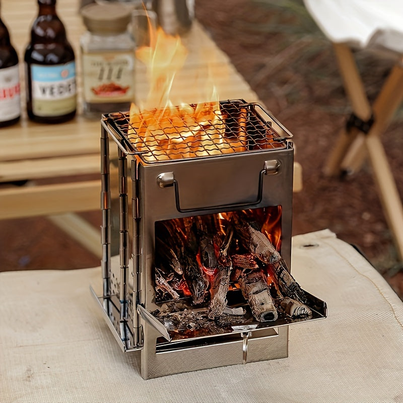 A Mini Outdoor Fire Stove Made of Stainless Steel, Suitable for Picnics, Barbecues, And Camping, Comes with a Storage Bag.