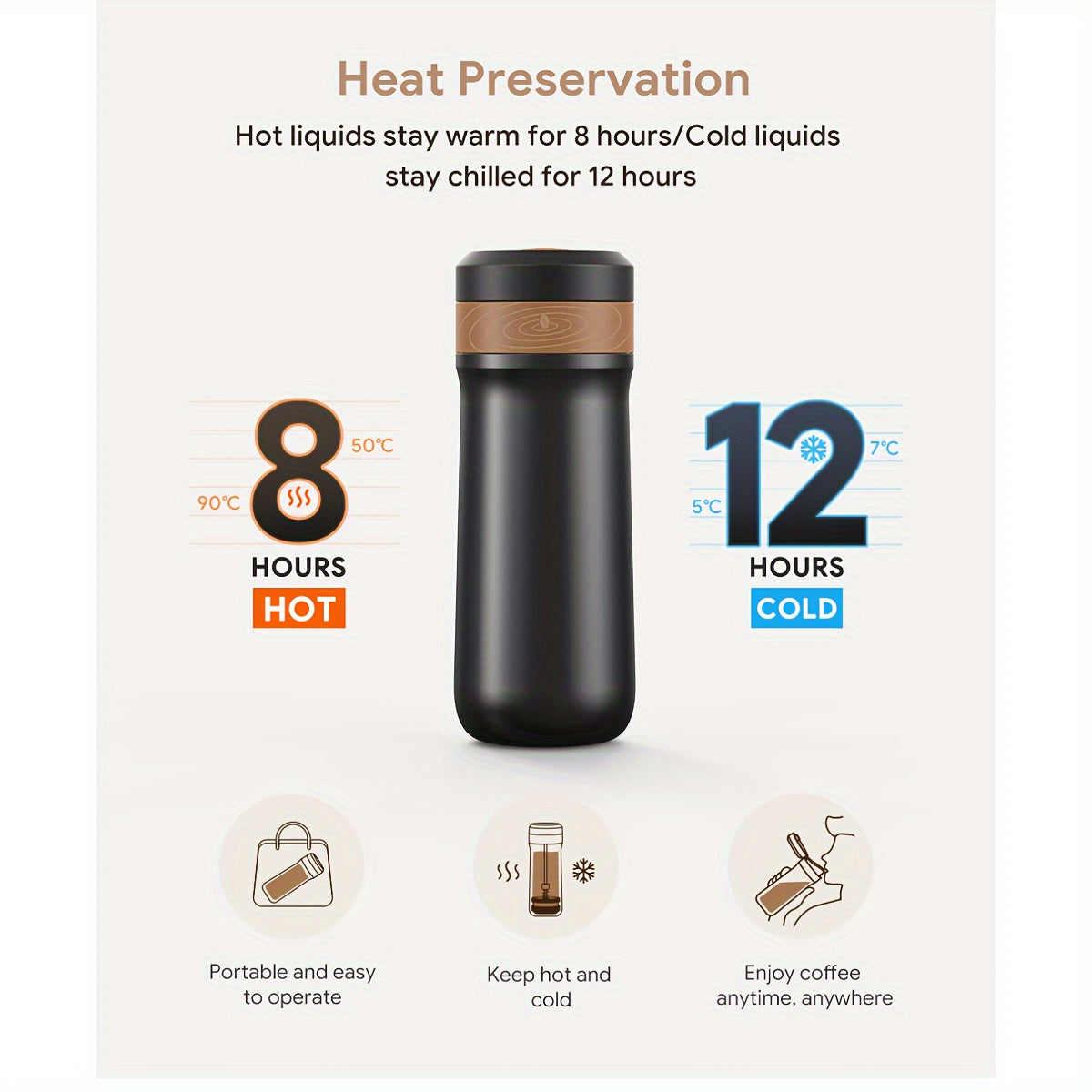 320ml Stainless Steel French Press: Keep Your Coffee Hot for 8 Hours and Cold for 12 Hours - Perfect for On-the-Go