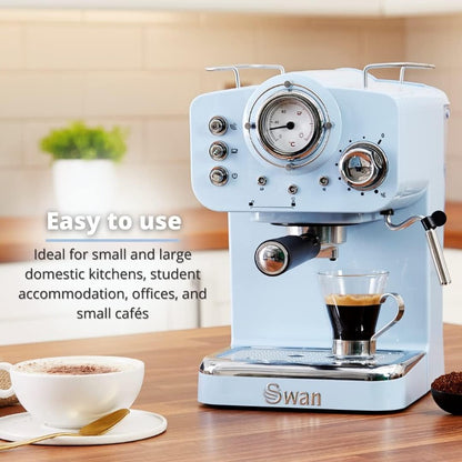 Retro Espresso Coffee Machine with Milk Frother, Steam Pressure Control, 1.2L Detachable Water Tank, 1100W, Retro Blue