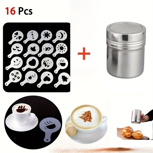 16 Pcs Stainless Steel Coffee Art Stencils Set with Fine Mesh Powder Shaker for Latte & Cappuccino - Barista Tools for Home, Pub, Club & Restaurant - Easy Clean Decorative Foam Templates