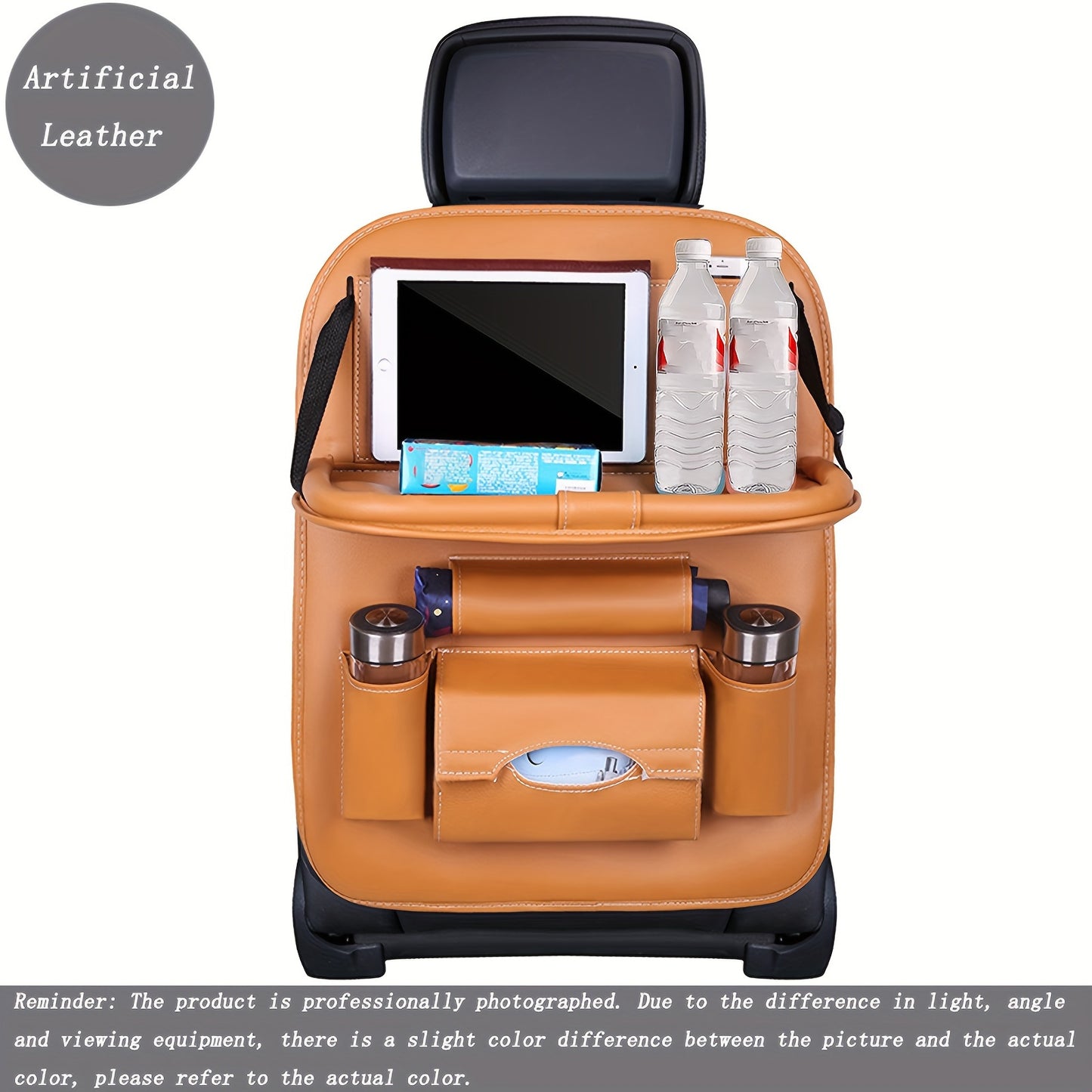 Premium PU Leather Car Backseat Organizer with Multi-Pocket Storage, Foldable Table Tray for Snacks, Beverages & Entertainment Accessories