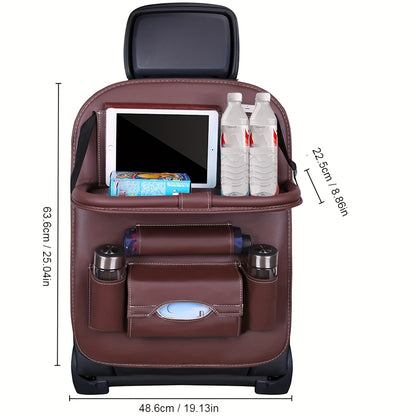 Premium PU Leather Car Backseat Organizer with Multi-Pocket Storage, Foldable Table Tray for Snacks, Beverages & Entertainment Accessories