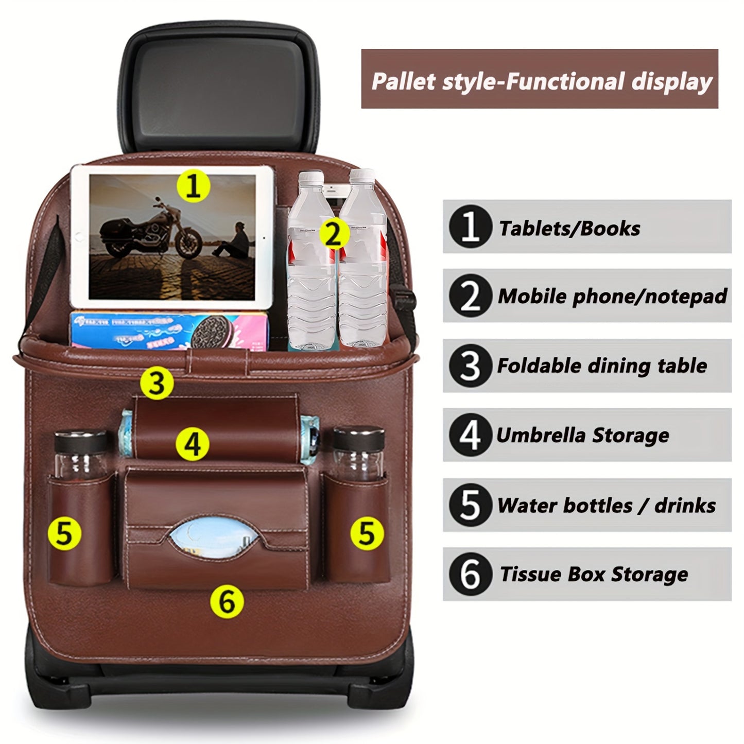 Premium PU Leather Car Backseat Organizer with Multi-Pocket Storage, Foldable Table Tray for Snacks, Beverages & Entertainment Accessories