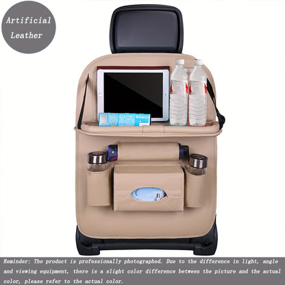 Premium PU Leather Car Backseat Organizer with Multi-Pocket Storage, Foldable Table Tray for Snacks, Beverages & Entertainment Accessories