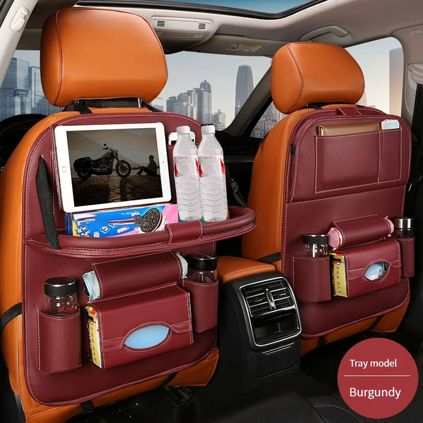 Premium PU Leather Car Backseat Organizer with Multi-Pocket Storage, Foldable Table Tray for Snacks, Beverages & Entertainment Accessories