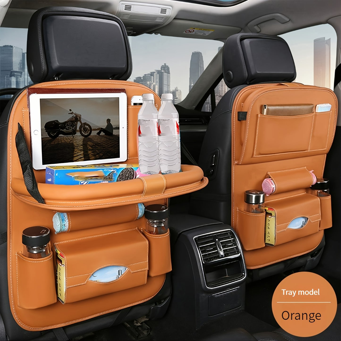 Premium PU Leather Car Backseat Organizer with Multi-Pocket Storage, Foldable Table Tray for Snacks, Beverages & Entertainment Accessories