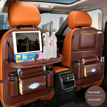 Premium PU Leather Car Backseat Organizer with Multi-Pocket Storage, Foldable Table Tray for Snacks, Beverages & Entertainment Accessories