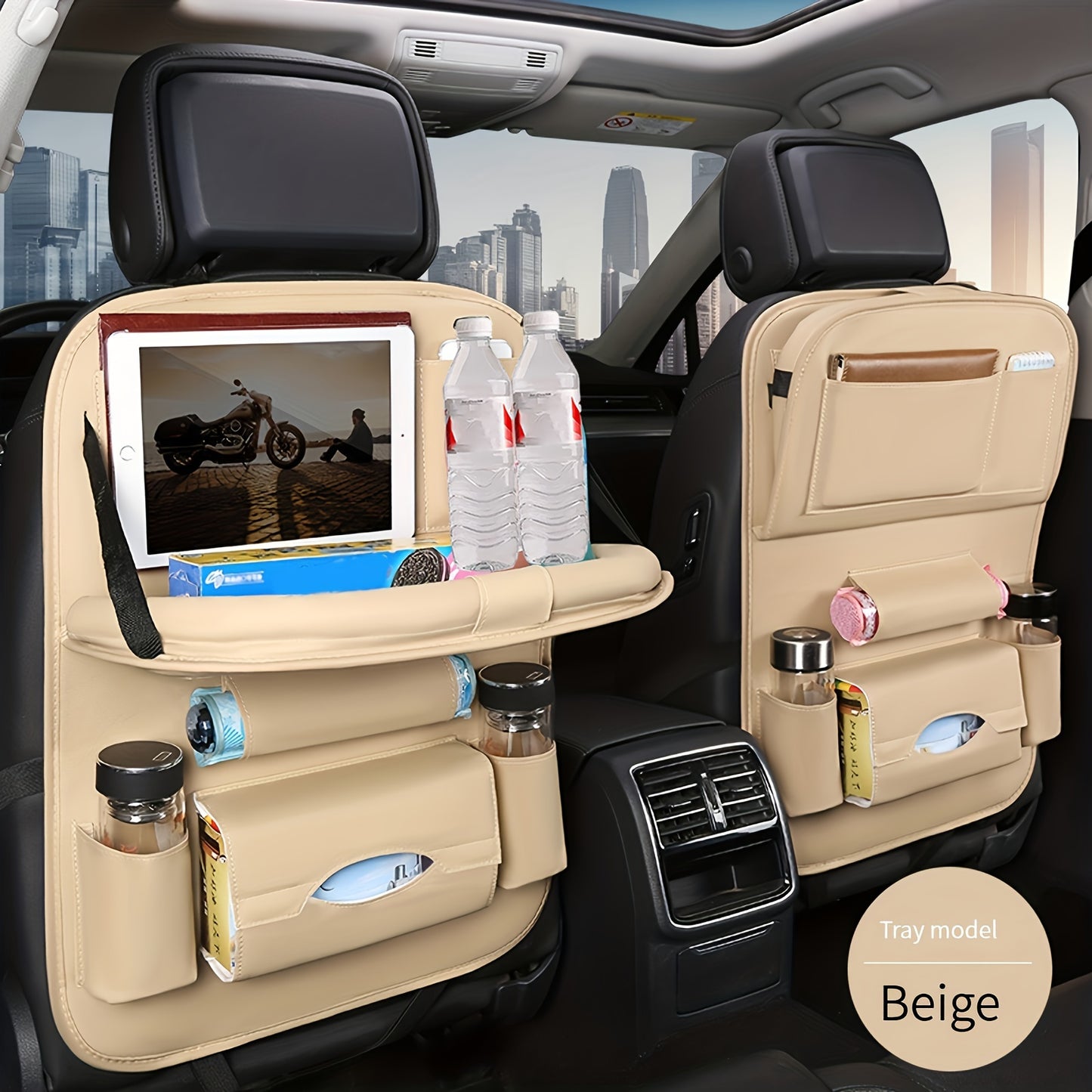 Premium PU Leather Car Backseat Organizer with Multi-Pocket Storage, Foldable Table Tray for Snacks, Beverages & Entertainment Accessories