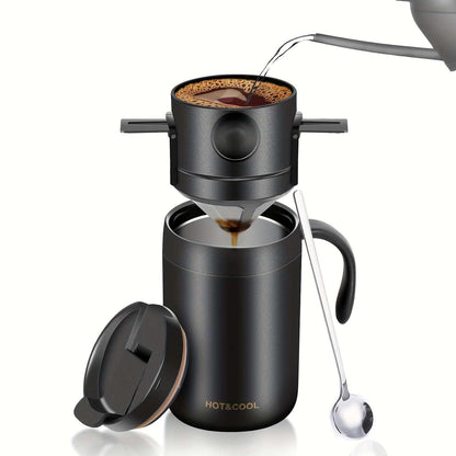 Premium Stainless Steel Pour-Over Coffee Maker Set - Portable Travel-Ready Drip Coffee Cup with Detachable Ear Hook Filter for Camping, Hiking, Office & Home Brewing - Compact Lightweight Coffee Dripper Kit