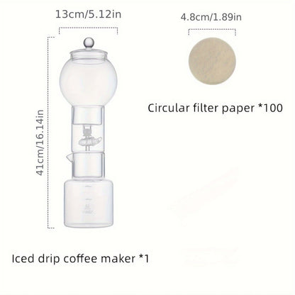 100 Pcs Filter Paper + Glass Cold Brew Ice Drip Coffee Maker with Drip Filter Coffee Pot Set for Barista Accessories