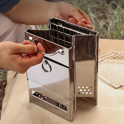 A Mini Outdoor Fire Stove Made of Stainless Steel, Suitable for Picnics, Barbecues, And Camping, Comes with a Storage Bag.