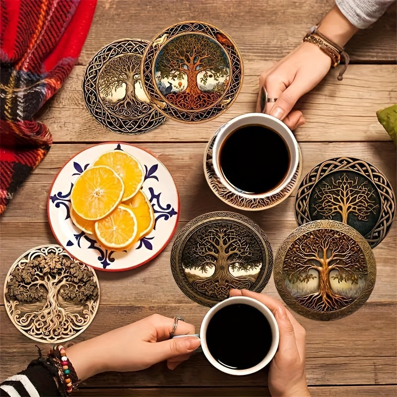 8pcs Tree of Life Wooden Coasters Set - Artistic Design for Drinks, Coffee & Tea - Perfect Home & Restaurant Decor Gift