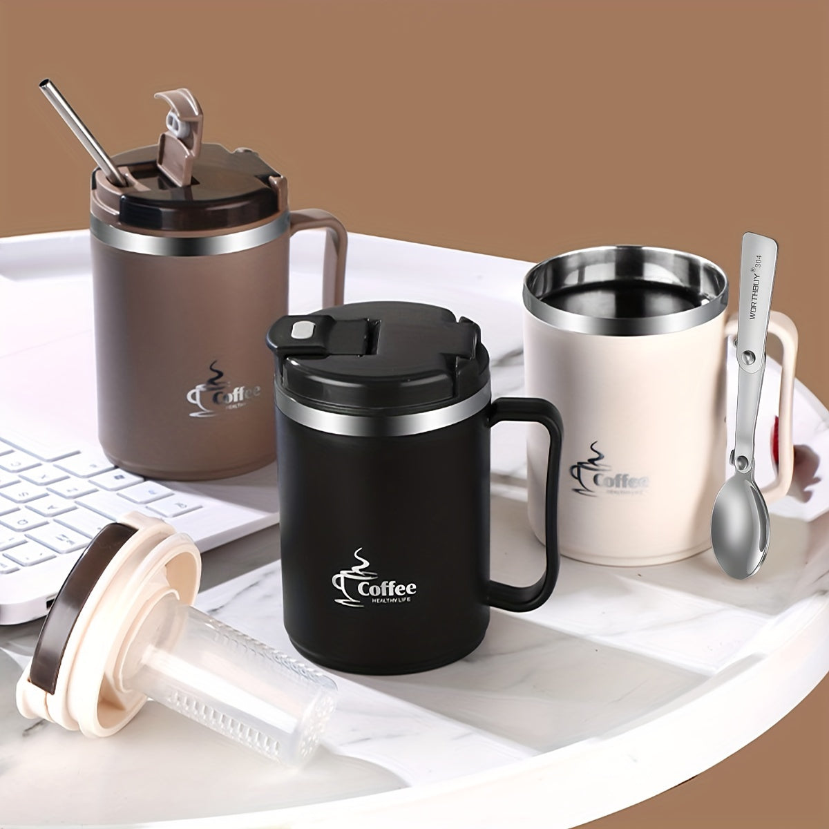 Stainless Steel Travel Mug with Tea Infuser & Folding Spoon - 500ml/550ml Leak-Proof Coffee Cup for School, Office, and Outdoor Use - Reusable, High-Quality Drinkware