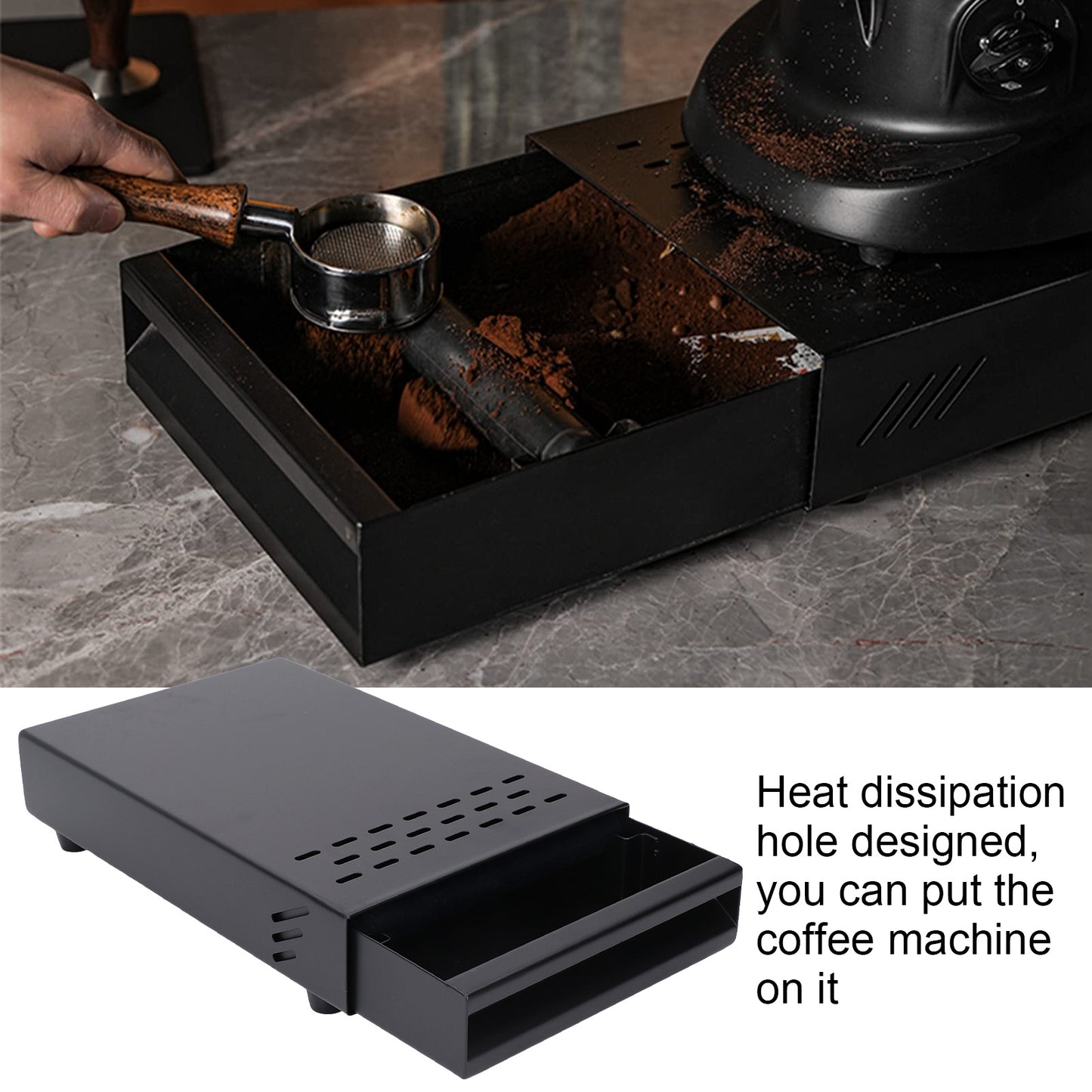 Stainless Steel Coffee Knock Box with Detachable Drawer – Durable, Rust-Proof Espresso Grounds Container for Home, Cafe, and Office Use – Black Base with Non-Slip Feet, Easy Heat Dissipation, and Removable Rubber Lever, C