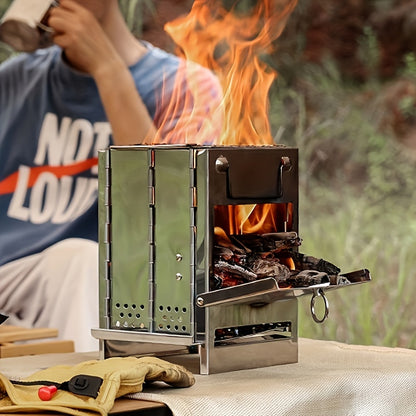 A Mini Outdoor Fire Stove Made of Stainless Steel, Suitable for Picnics, Barbecues, And Camping, Comes with a Storage Bag.