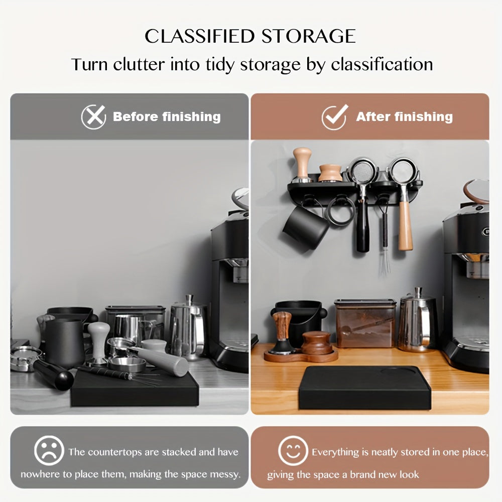 1pc, Coffee Machine With Storage Rack, Coffee Machine Handle Cloth Powder Finishing Rack, Press Powder Hammer Bar Multi-functional Storage Rack, 51/53/58mm Are Applicable, 3M Glue And Drilling Two Installation Methods