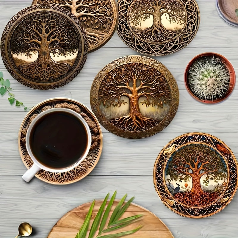 8pcs Tree of Life Wooden Coasters Set - Artistic Design for Drinks, Coffee & Tea - Perfect Home & Restaurant Decor Gift