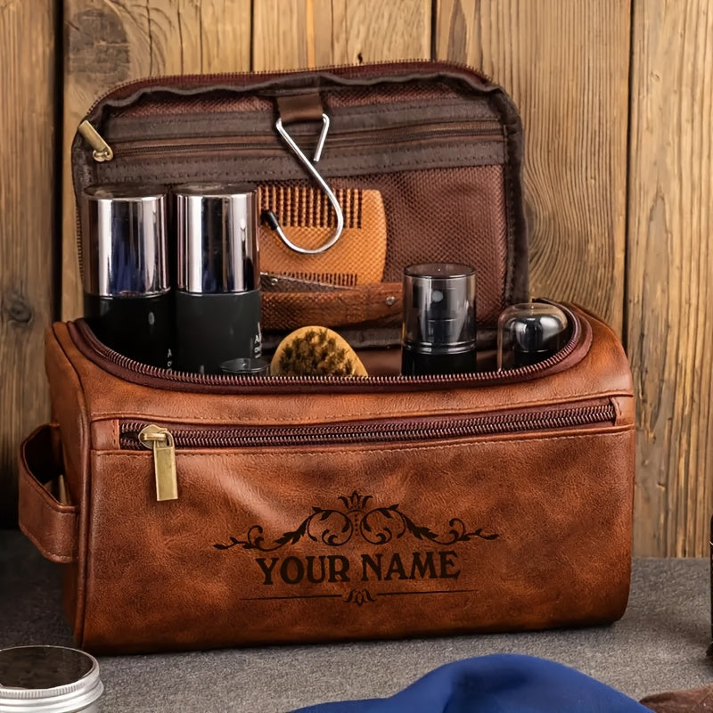 1pc Custom Engraved Men's Toiletry Bag - Personalized Faux Leather with Zipper Closure, Top Handle Strap & Wet Wipes Cleaning - Casual Style, Waterproof & Stain-Resistant - Perfect for Birthdays, Anniversaries, Christmas Gift