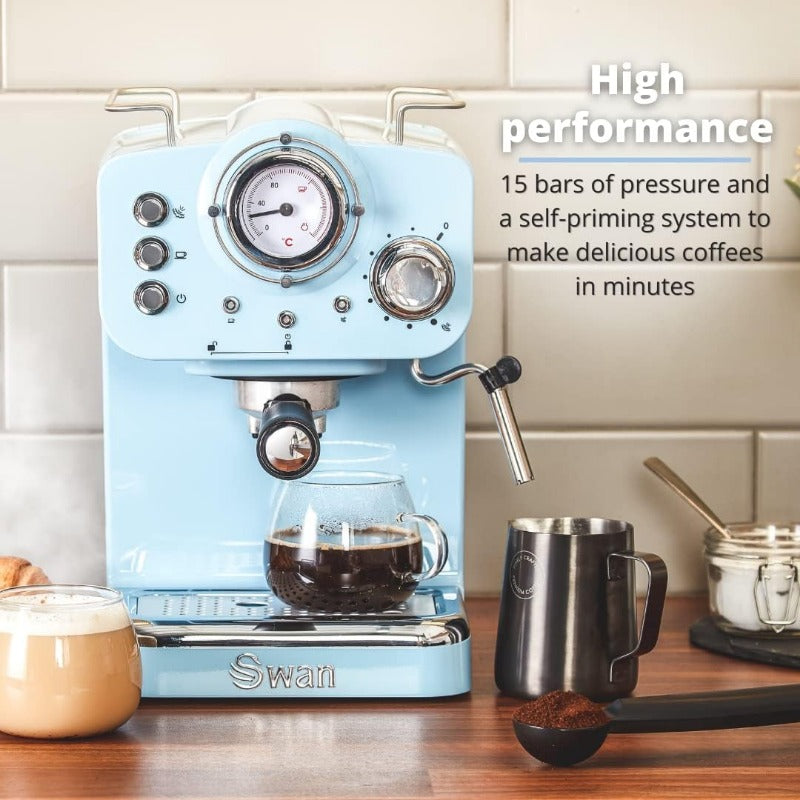 Retro Espresso Coffee Machine with Milk Frother, Steam Pressure Control, 1.2L Detachable Water Tank, 1100W, Retro Blue