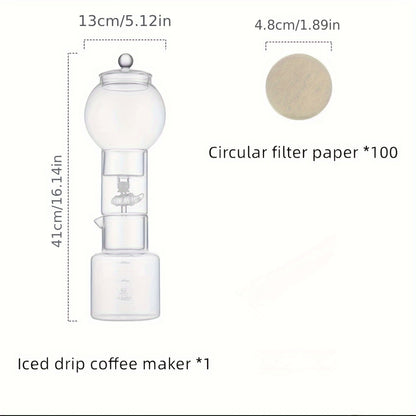 100 Pcs Filter Paper + Glass Cold Brew Ice Drip Coffee Maker with Drip Filter Coffee Pot Set for Barista Accessories