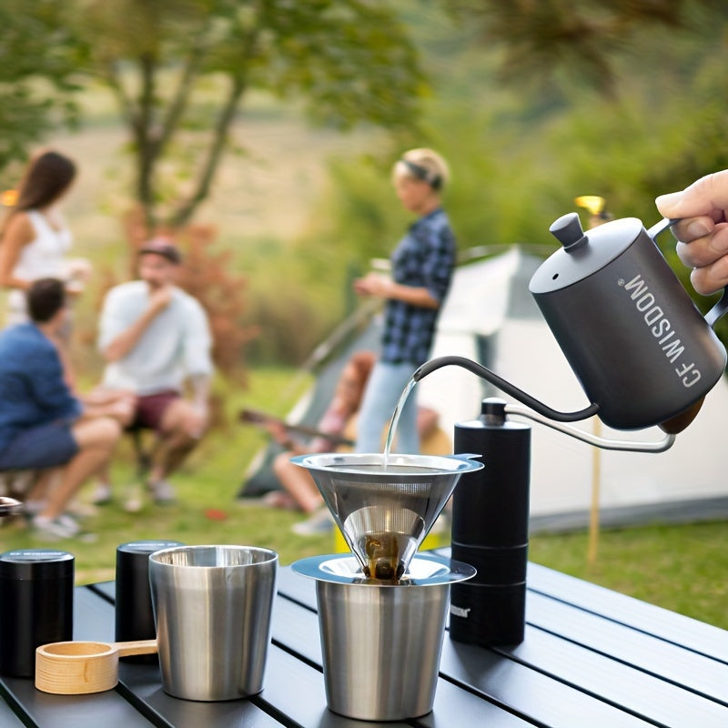 Portable Pour-Over Coffee Maker Set with Manual Grinder - Stainless Steel, Travel-Friendly, Perfect for Outdoor Camping & Home Use