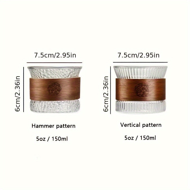 Reusable Glass Coffee Cups with Wood Sleeve | 5 oz Stripe-Patterned Round Coffee Mugs | Lead-Free Drinking Glasses | Non-Slip, Recyclable, Multipurpose | Machine Wash Safe | Set of 1