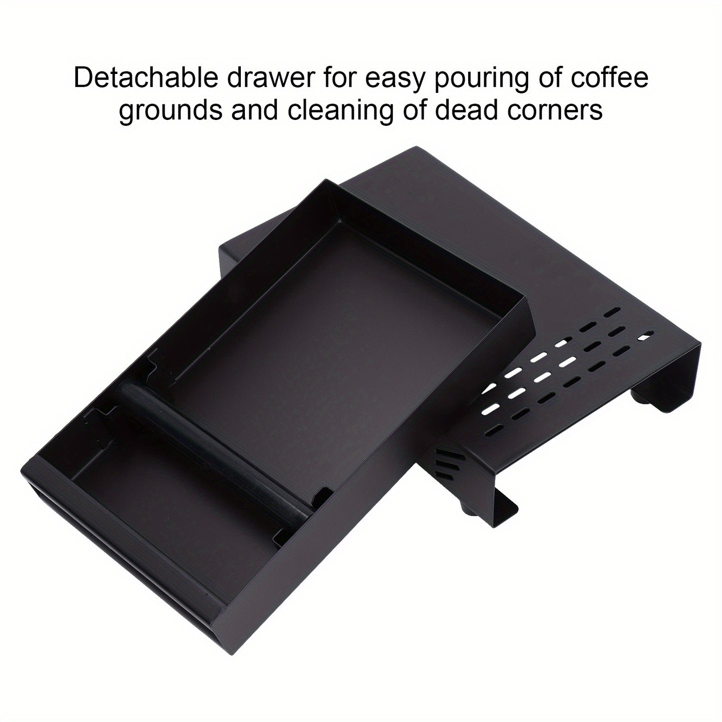 Stainless Steel Coffee Knock Box with Detachable Drawer – Durable, Rust-Proof Espresso Grounds Container for Home, Cafe, and Office Use – Black Base with Non-Slip Feet, Easy Heat Dissipation, and Removable Rubber Lever, C