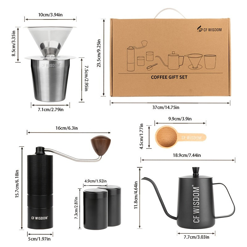 Portable Pour-Over Coffee Maker Set with Manual Grinder - Stainless Steel, Travel-Friendly, Perfect for Outdoor Camping & Home Use