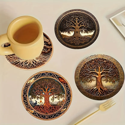 8pcs Tree of Life Wooden Coasters Set - Artistic Design for Drinks, Coffee & Tea - Perfect Home & Restaurant Decor Gift