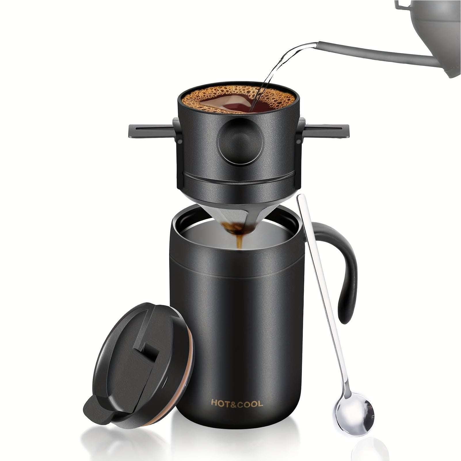Premium Stainless Steel Pour-Over Coffee Maker Set - Portable Travel-Ready Drip Coffee Cup with Detachable Ear Hook Filter for Camping, Hiking, Office & Home Brewing - Compact Lightweight Coffee Dripper Kit