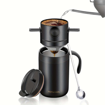 Premium Stainless Steel Pour-Over Coffee Maker Set - Portable Travel-Ready Drip Coffee Cup with Detachable Ear Hook Filter for Camping, Hiking, Office & Home Brewing - Compact Lightweight Coffee Dripper Kit